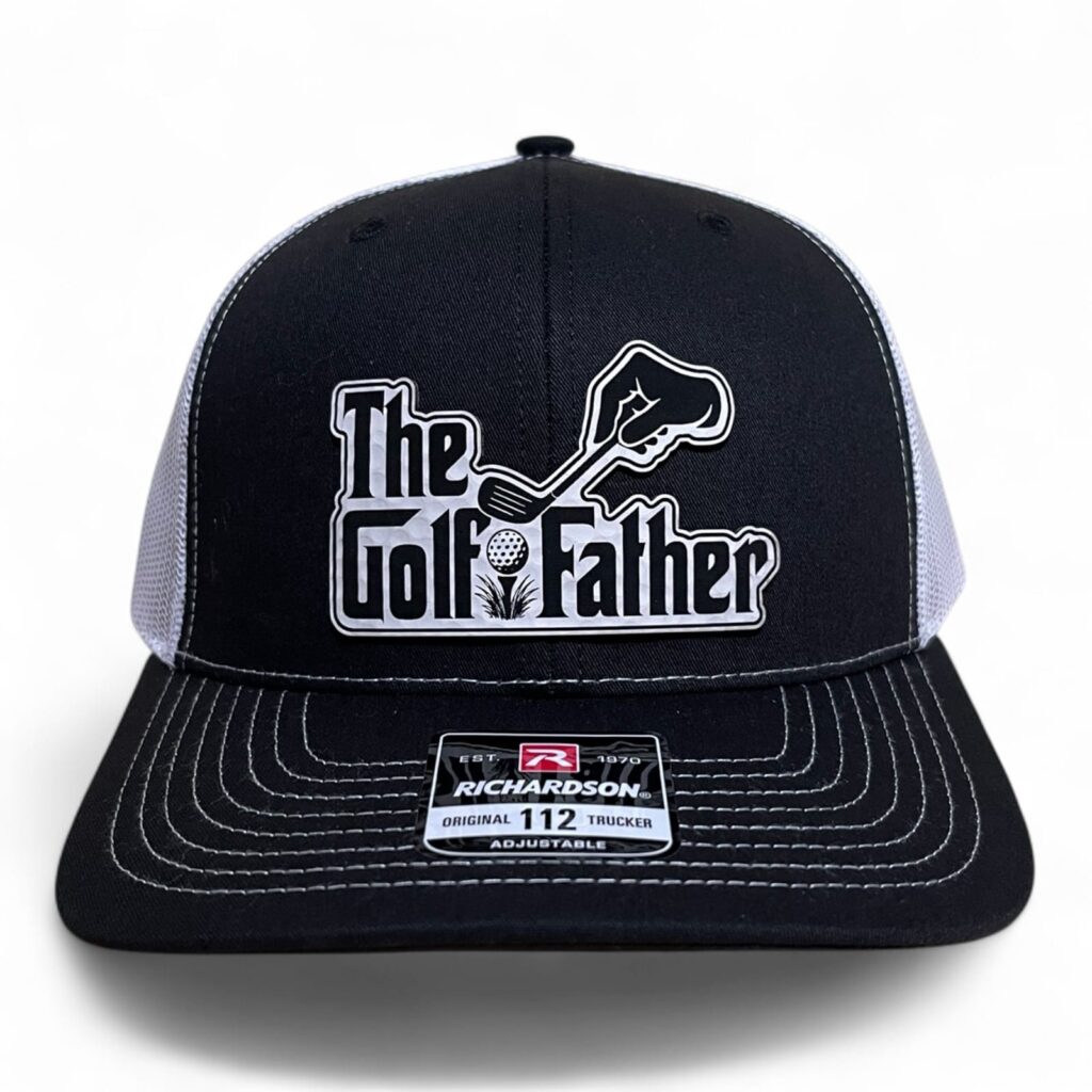 The GolfFather Patch Cap with golf ball textured leatherette design from crazymonkeyapparel.com